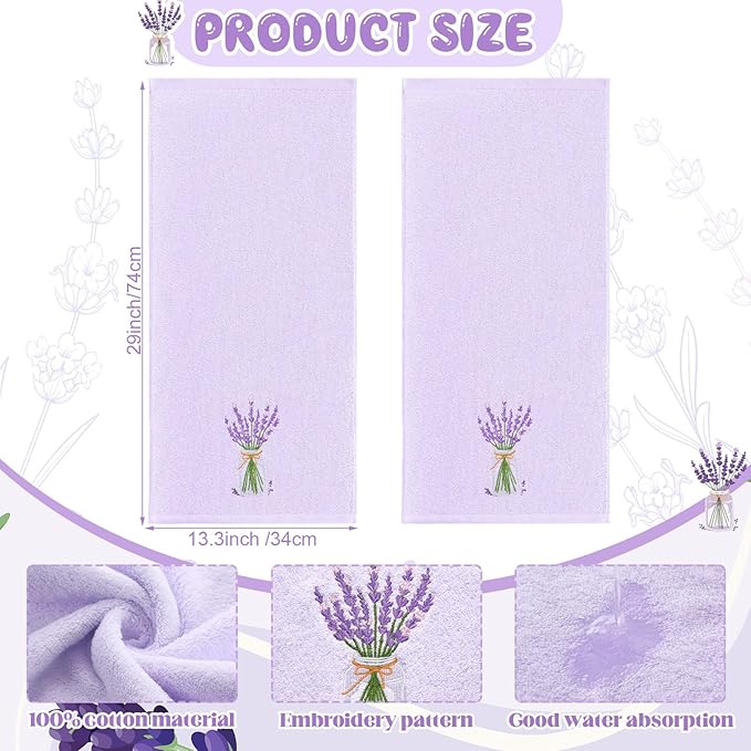 2 Pcs Lavender Hand Towels Purple Bathroom Decor 14x29 Inch Embroidered 100% - Image 2