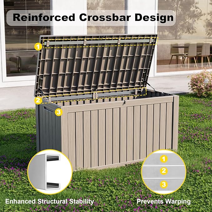 180 Gallon Outdoor Deck Box, Lockable Waterproof Outdoor Storage Boxes For Garden Tools,Indoor Cushions,Accessories Outside Storage Resin Weatherproof Container(Grey) - Image 4