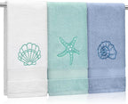 3 Pack Coastal Hand Towels for Bathroom 100% Cotton Embroidered Beach Bathroom by Hahafelt