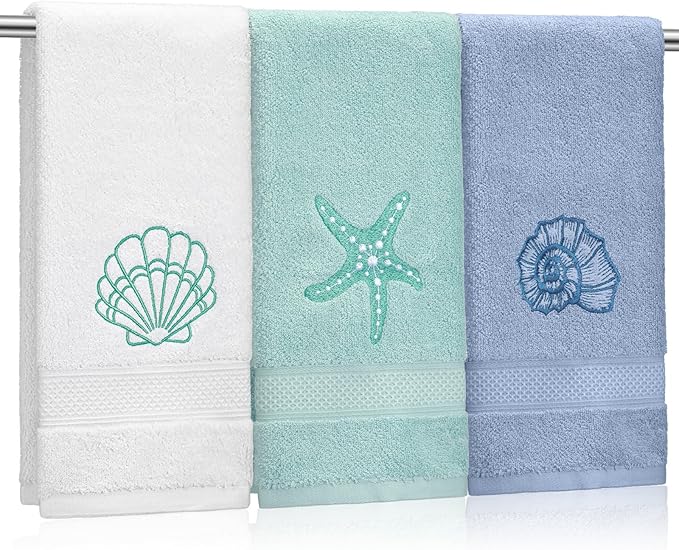 3 Pack Coastal Hand Towels for Bathroom 100% Cotton Embroidered Beach Bathroom by Hahafelt