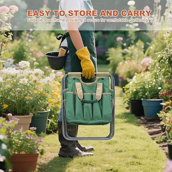 MDSTOP Folding Gardening Stool with Detachable Storage Tote Bag, Gardening Tools Set Organizer for Fishing Outdoor Sports Hiking Camping Garden, Gardening Gifts for Mom/Dad and Gardeners (Polyester) - Image 6