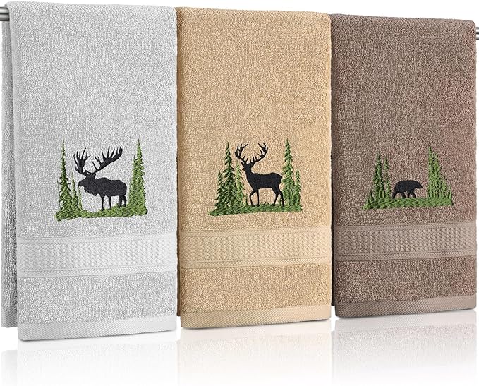 3 Pcs Farmhouse Cabin Bear Hand Towels Forest Moose Deer Embroidered Rustic by FuWeave