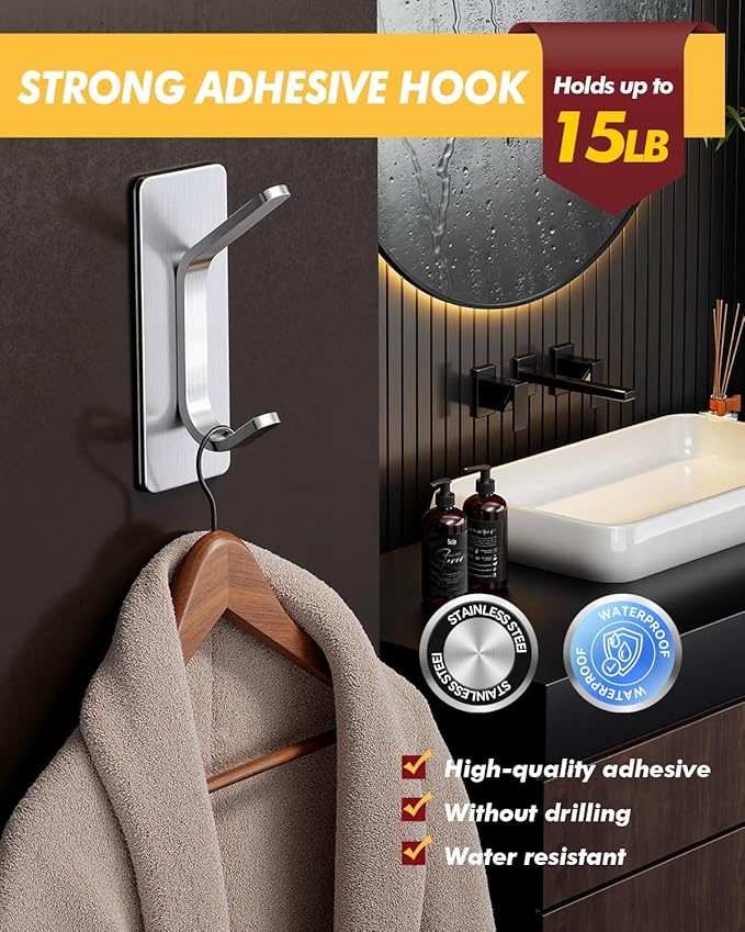 Auxmir Self Adhesive Hooks for Hanging 15lb, Stainless Steel Wall Hooks for - Image 2