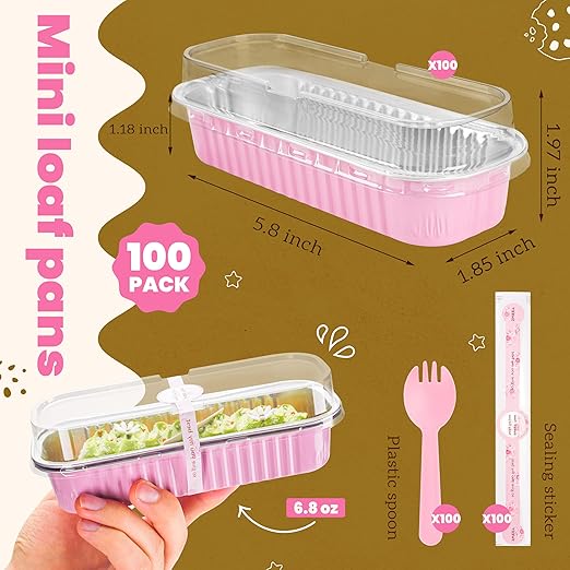 100 Pack Mini Cake Pans with Lids and Spoons Rectangular Aluminum Foil Baking - Image 3