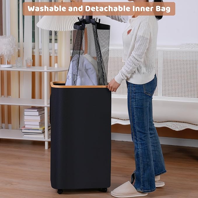 Laundry Basket with Wheels, 110L Black Clothes Hamper - Image 3