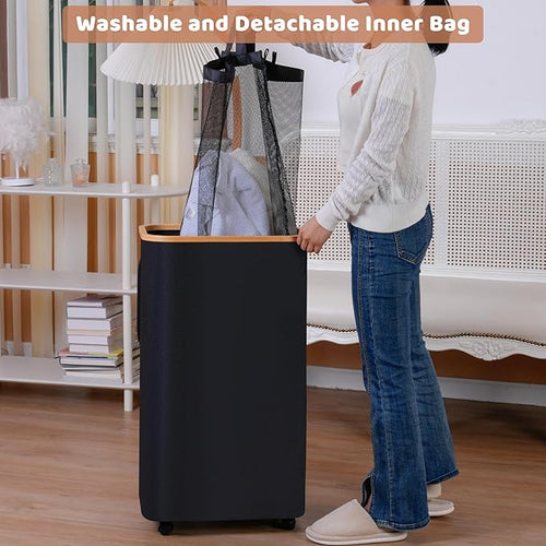 110L Laundry Basket with Wheels, Clothes Hamper - Image 2