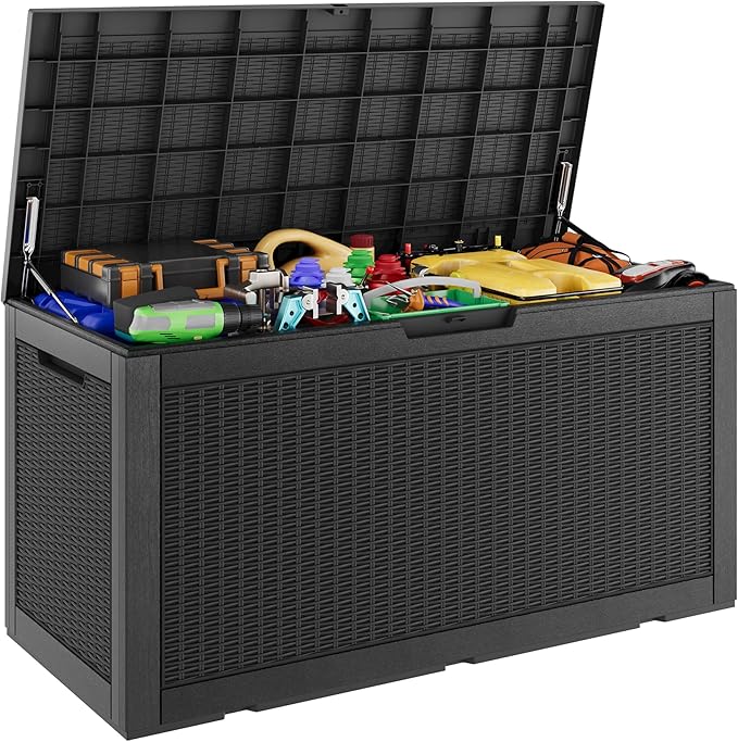 Outdoor Storage Box, Resin Deck Boxes Indoor and outdoor, Waterproof Storage Box Lockable Lid (Black, 110 Gallon) by NBYSGO