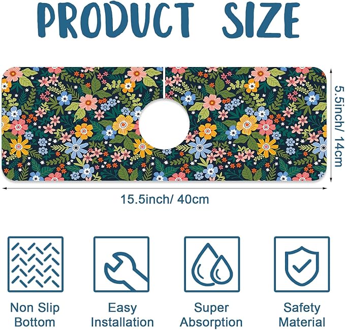 Colorful Flower Sink Splash Guard Faucet Mat Flowers Leaves Super Absorbent - Image 2