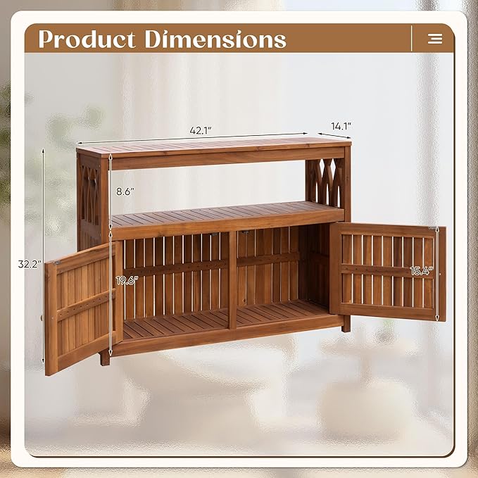 Flamaker Outdoor Storage Cabinet Weatherproof Acacia Wood Outdoor Cabinet with 2 Magnetic Doors Used for Outdoor Storage, Buffet Cabinet, TV Stand, Bar Table, Potting Table (Brown) - Image 3