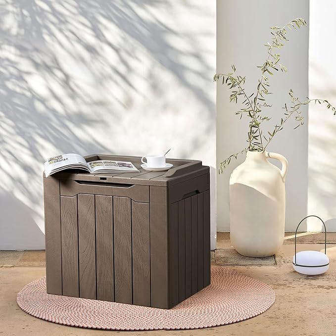 Flamaker Deck Box 31 Gallon Waterproof Resin Small Deck Box with Lid, Indoor Outdoor Package Delivery Box, Organization and Storage for Patio Furniture, Garden Tools, Outdoor Cushions (Deep Brown) - Image 6