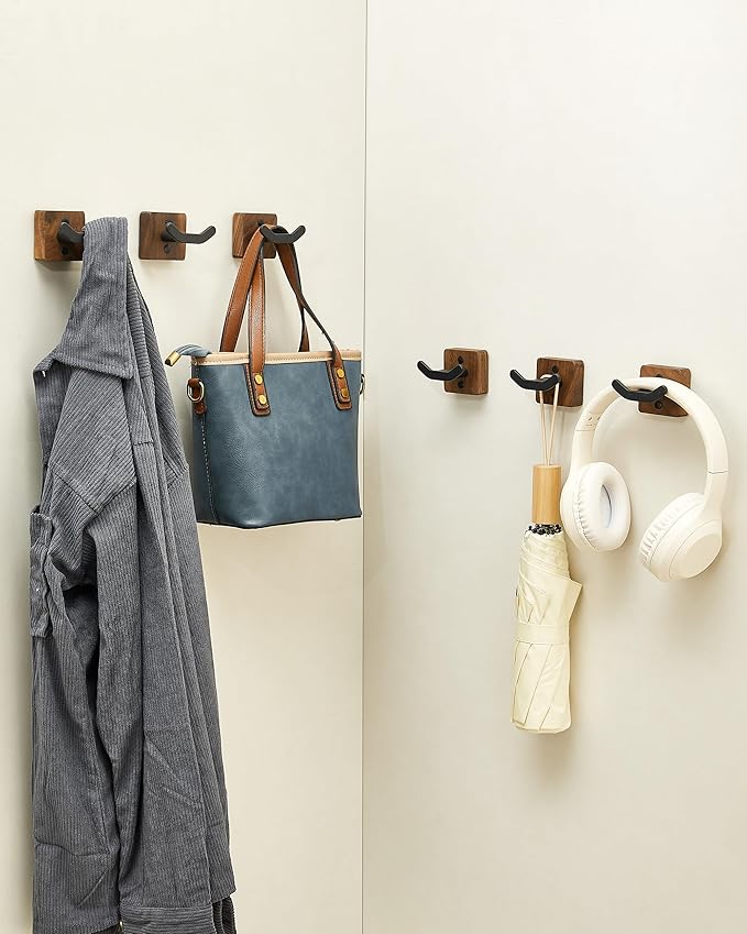 3 Pack Matte Black Wall Coat Hook Rack, Modern Coat Hooks Black Walnut Wood - Image 2