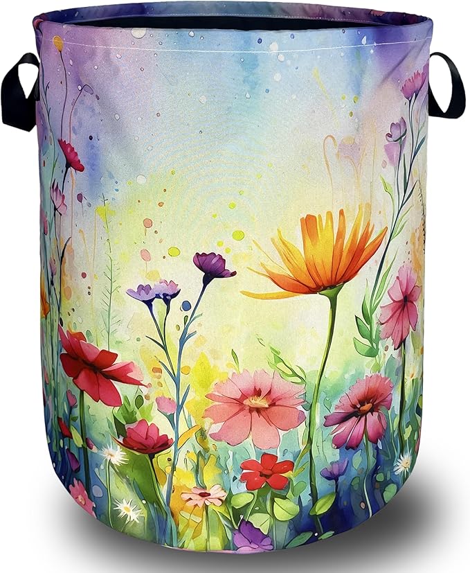 Watercolor Flowers Laundry Basket Wildflower Foldable Funny Laundry Hamper by SELIONLIKN