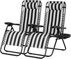 Nazhura Set of 2 Relaxing Recliners Patio Chairs Adjustable Steel Mesh Zero Gravity Lounge Chair Beach Chairs with Pillow and Cup Holder Khaki (Black/White Stripe) by NazhuraGoodCompanionAtHome