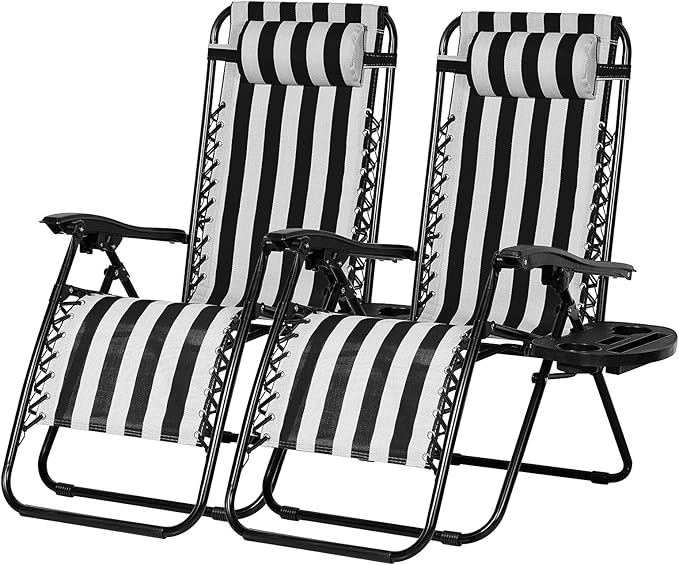 Nazhura Set of 2 Relaxing Recliners Patio Chairs Adjustable Steel Mesh Zero Gravity Lounge Chair Beach Chairs with Pillow and Cup Holder Khaki (Black/White Stripe) by NazhuraGoodCompanionAtHome