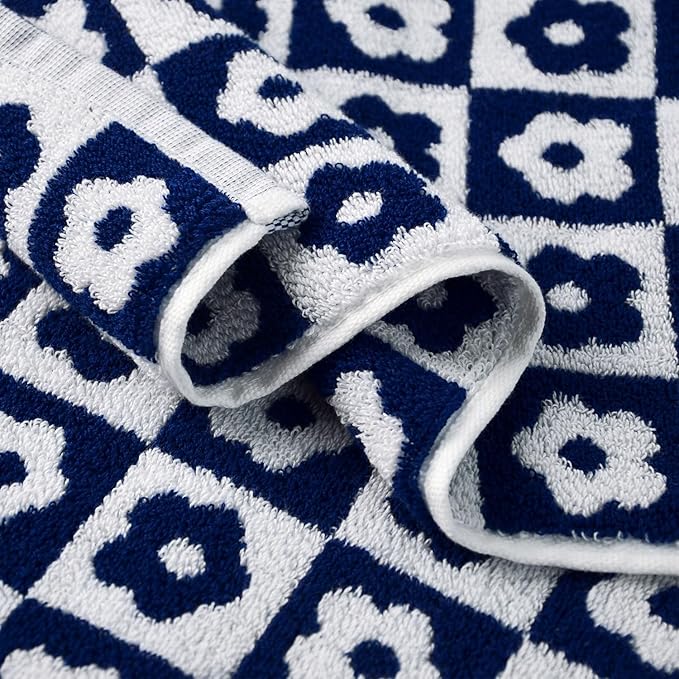 Jacquotha Cotton Hand Towels Navy Checkered Floral - Image 6