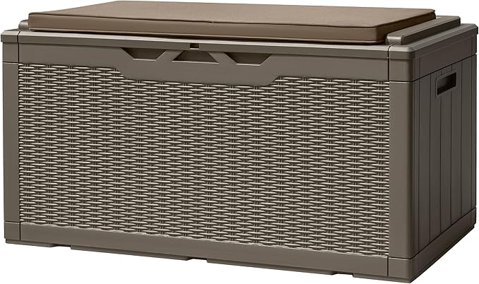 Devoko 100 Gallon Deck Box, Waterproof Resin Outdoor Storage Box with Cushion for Outside, Large Outdoor Storage Bench Cabinet Lockable for Patio Furniture and Garden Tools (Brown) by DEVOKO