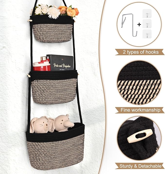 Hanging Storage Baskets, Over the Door Basket, Cotton Wall Baskets Storage - Image 6
