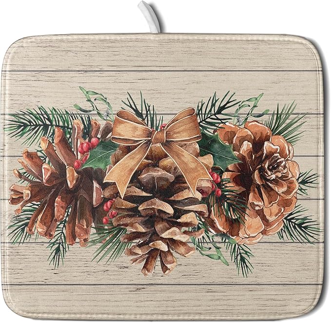 Winter Pine Cone Dish Drying Mat Holly Berries Dish Draining Mat Microfiber by Giwawa