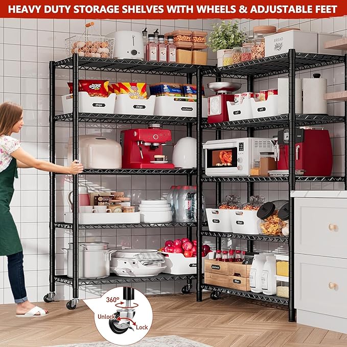 Xcity Storage Shelves, 5 Tier Heavy Duty Metal Shelving Unit with Wheels, 2500 LBS Capacity Adjustable Steel Wire Shelf Organizer for Pantry, Kitchen, Garage, 18" D x 48" W x 72" H, Black - Image 2