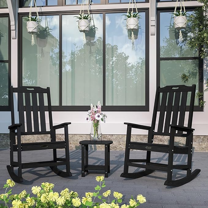 Oversized Rocking Chair Set of 4, Outdoor Rocking Chair for Adults, All Weather Resistant Porch Rocker for Lawn Garden, Black - Image 2