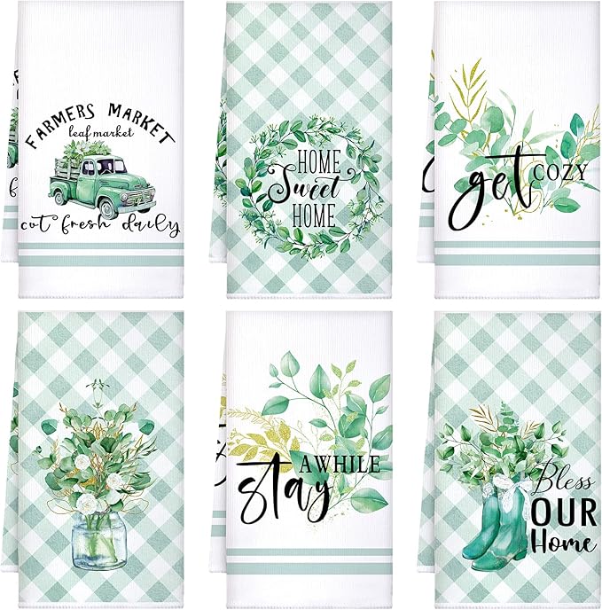 Set of 6 Eucalyptus Kitchen Towels Green Leaves Dishtowels Absorbent Spring by Boyiee