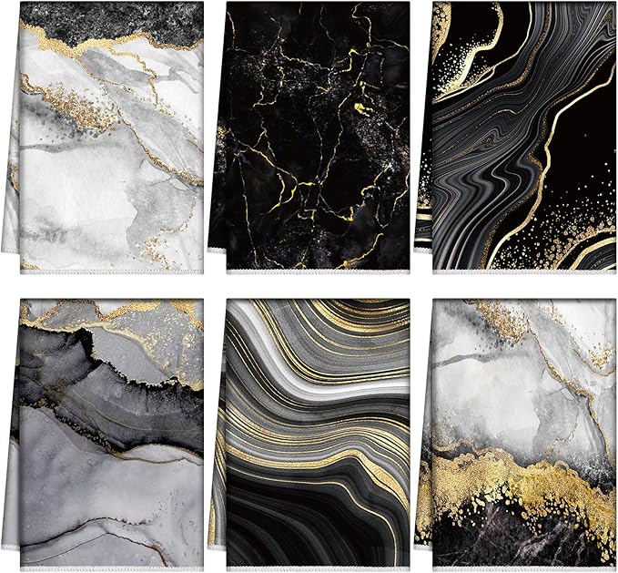 Boyiee Set of 6 Marble Kitchen Towels Gold Black Marble Tea Dish Towels 24 x 16 by Boyiee
