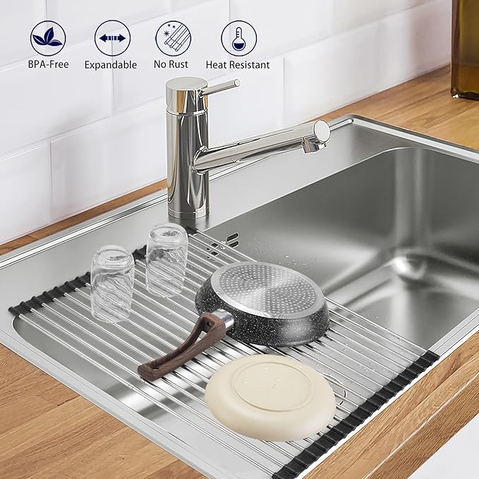Roll Up Dish Drying Rack, Expandable Over The Sink Dish Drainer, Stainless - Image 6