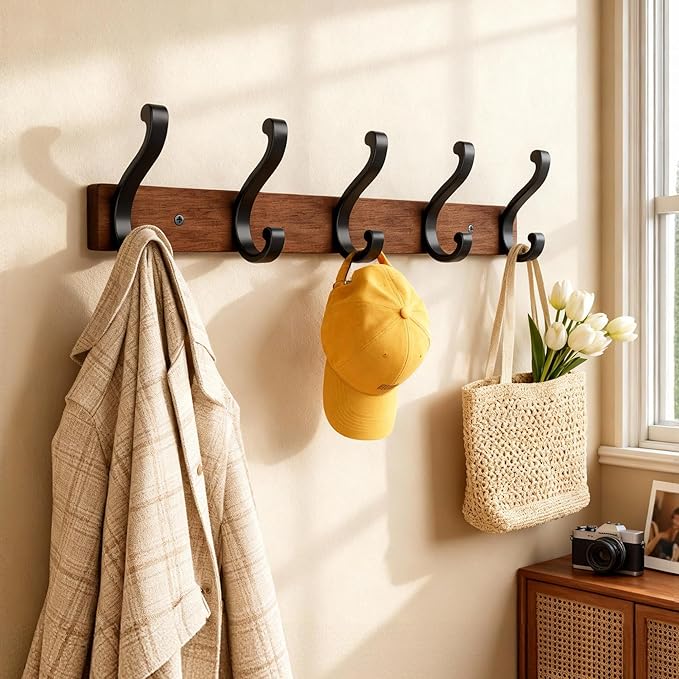 Solid Wood Wall Mounted Coat Rack, Heavy Duty 5 Hook Wooden Hanger - Image 4