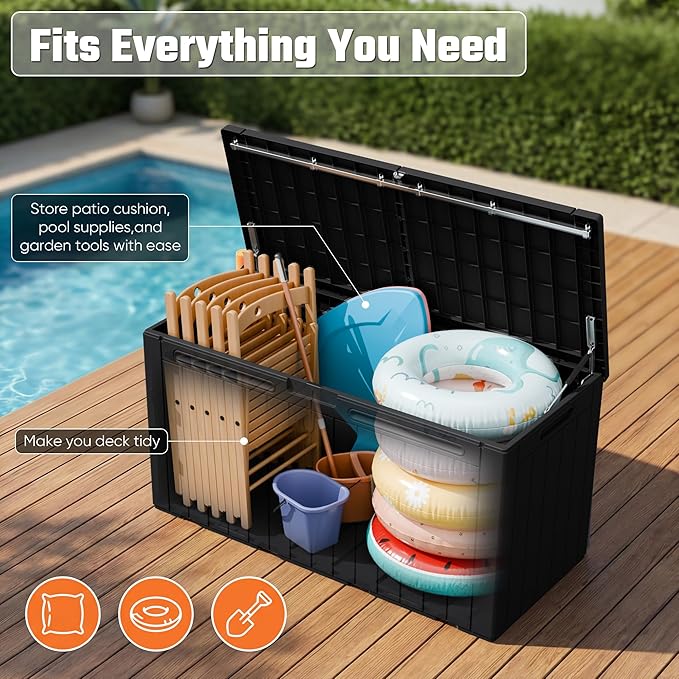 Greesum 110 Gallon Outdoor Storage Box with Lockable Lid, All-Weather Solution for Patio Furniture, Pool Supplies & Garden Tools, Waterproof, UV-Resistant Large Deck Box, Black - Image 3