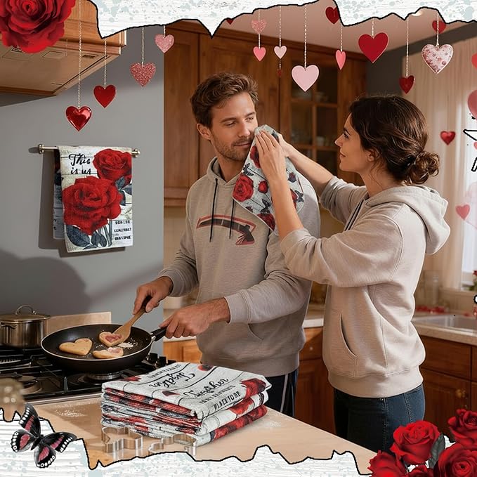 Breling Set of 6 Valentine's Day Red Rose Kitchen Towels Vintage Flowers Dish - Image 3