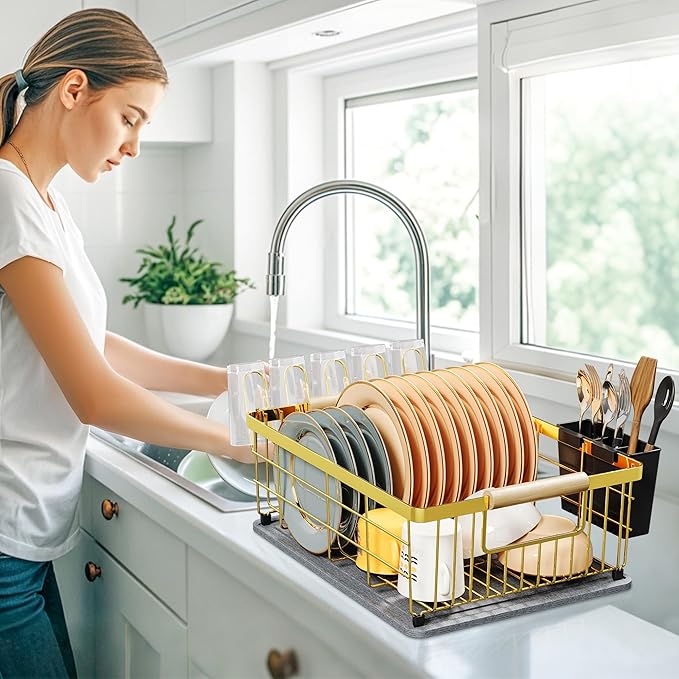 Dish Drying Rack Gold with Diatomaceous Earth 1 Tier, Large Capacity Space - Image 6