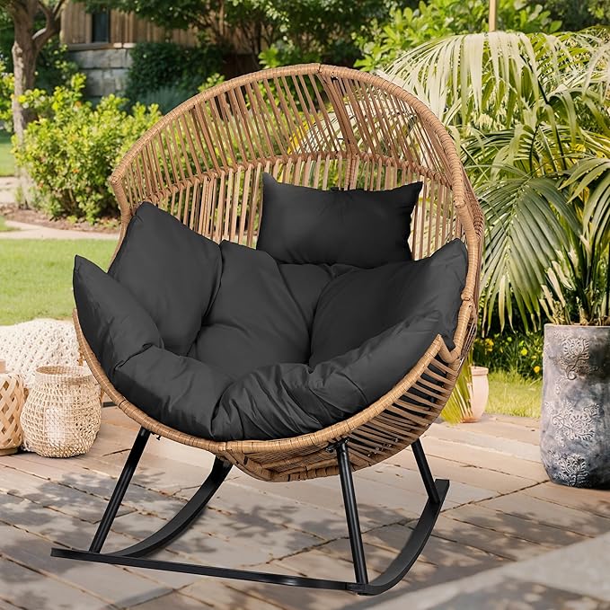 Vongrasig Wicker Rocking Egg Chair PE Rattan with Cushion, Oversized Patio Lounge Rocker Chair for Outdoor, Indoor, Balcony, Backyard, Garden, Black - Image 3