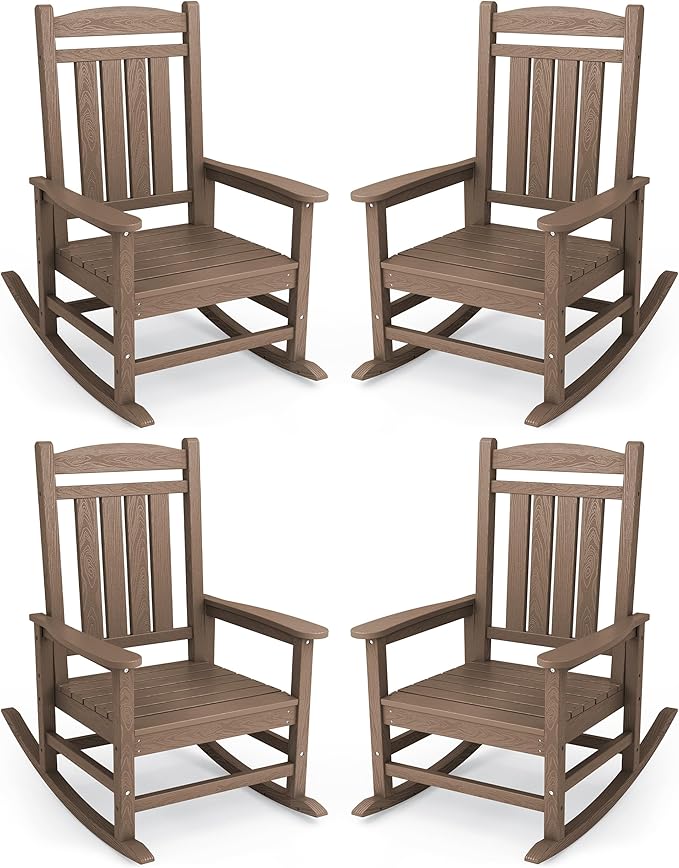 KINGYES HDPE Outdoor Rocking Chair Set of 4, Widened Seat Patio Rocking Chair, Oversized All Weather Patio Rocker, Brown by KINGYES