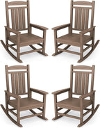 KINGYES HDPE Outdoor Rocking Chair Set of 4, Widened Seat Patio Rocking Chair, Oversized All Weather Patio Rocker, Brown by KINGYES