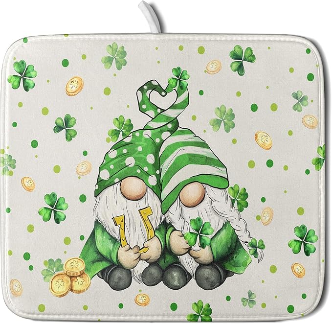St Patrick's Day Gnome Dish Drying Mat 16x18 inch Lucky Shamrock Absorbent by Giwawa
