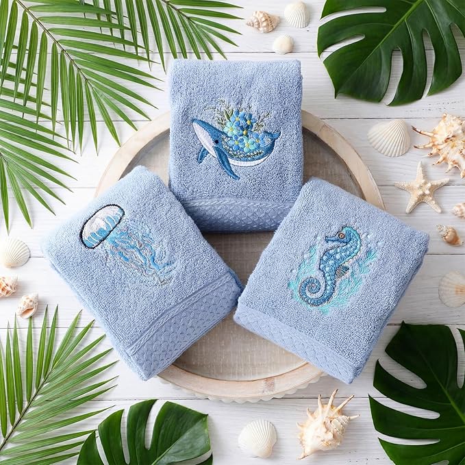 3 Pack Ocean Hand Towels for Bathroom 100% Cotton Embroidered Seahorse - Image 5