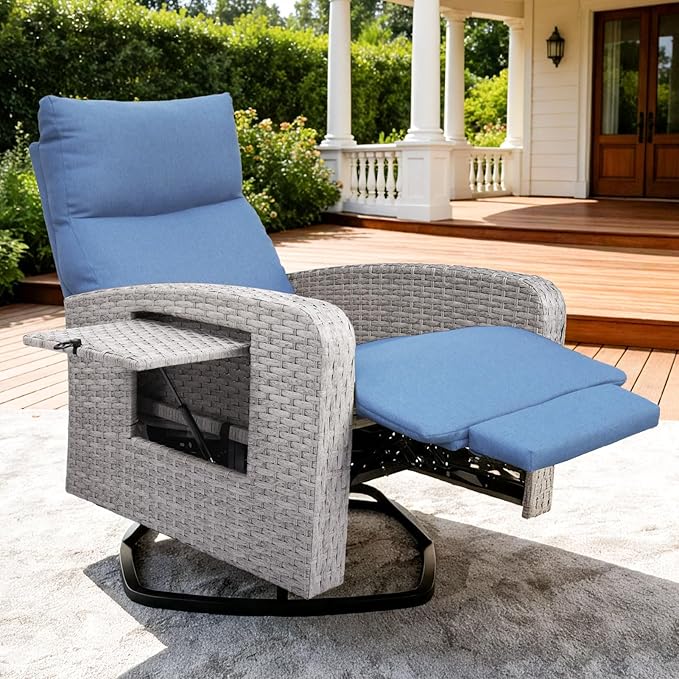 Outdoor Recliner Chair, Wicker Patio Recliners with Adjustable Backrest and Extended Foot Rest, Reclining Patio Chairs with Flip Table & Removable Cushion Cover for Porch by zzw