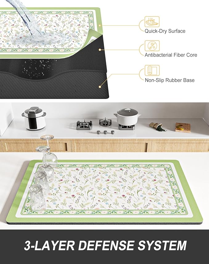 Rnivvi Dish Drying Mat for Kitchen Counter, 12 x 19" Cute Flower Theme Super - Image 4
