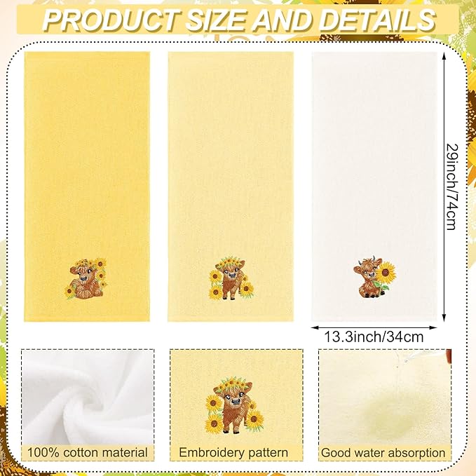 3 Pcs Sunflower Highland Cow Hand Towels Embroidered Highland Cow Farmhouse - Image 2