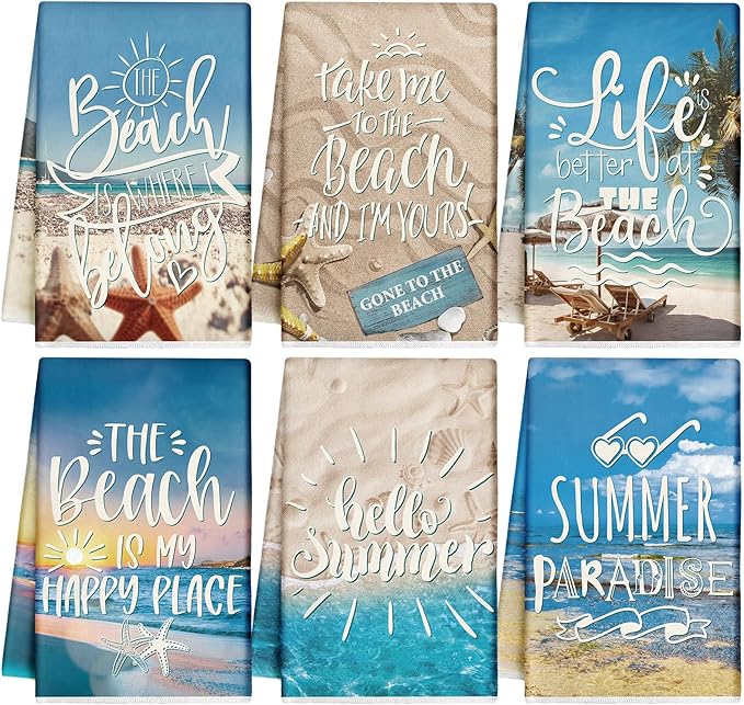 Breling Set of 6 Summer Beach Kitchen Towels Vintage Themed Dish Towel Bathroom by Breling