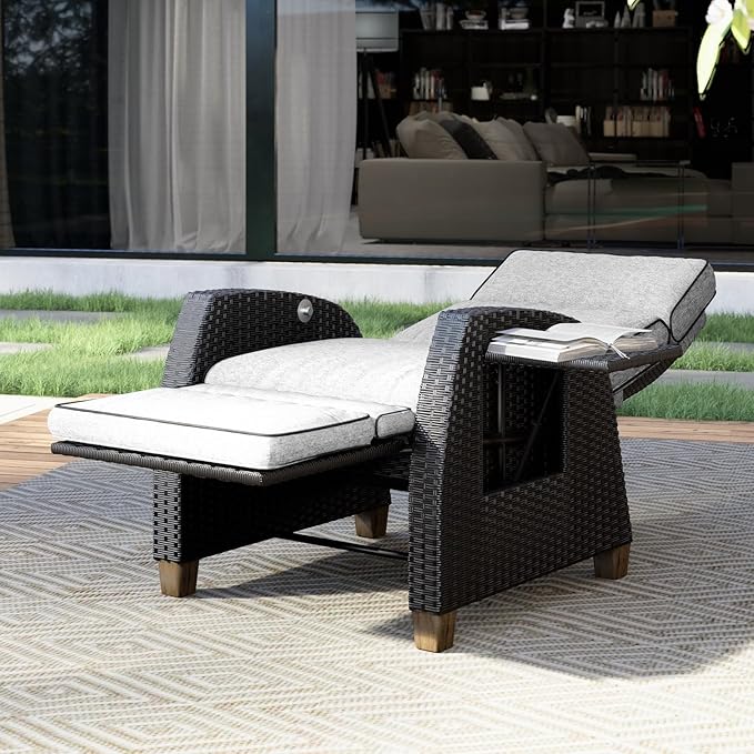 Grand patio Outdoor Recliner Chair Patio 150° Lay Flat Recliner with Flip Table Wicker Reclining Lounge Chair, Griege - Image 4