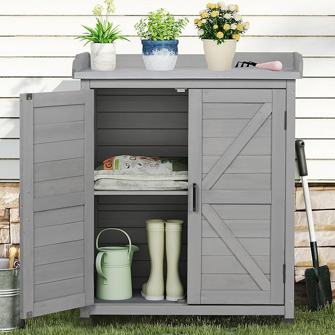 Outdoor Storage Cabinet & Potting Bench Table with Metal Top, Wooden Patio Furniture, Garden Workstation (Classic Grey, 39x31.5x17in) - Image 2