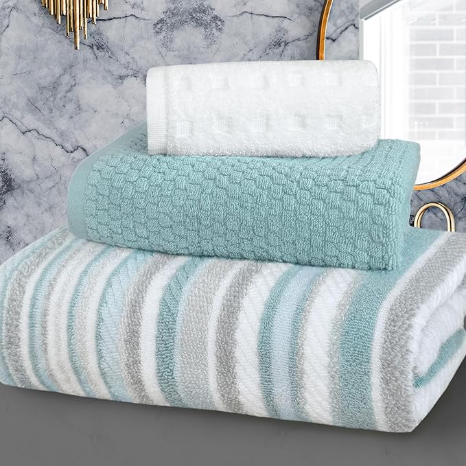 VOOVA & MOVAS 3PCS Bathroom Towels, 100% Cotton, Quick Dry, 1 Stripe Bath by VOOVAMOVAS