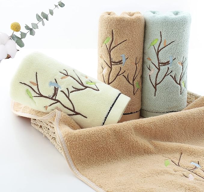 Pidada Hand Towels Set of 4 Embroidered Bird Tree Pattern 100% Cotton Absorbent - Image 2