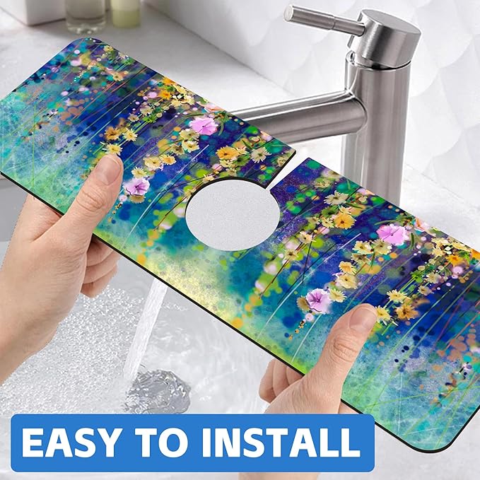 Abstract Watercolor Floral Kitchen Sink Splash Guard Mat Absorbent Fast Drying - Image 6
