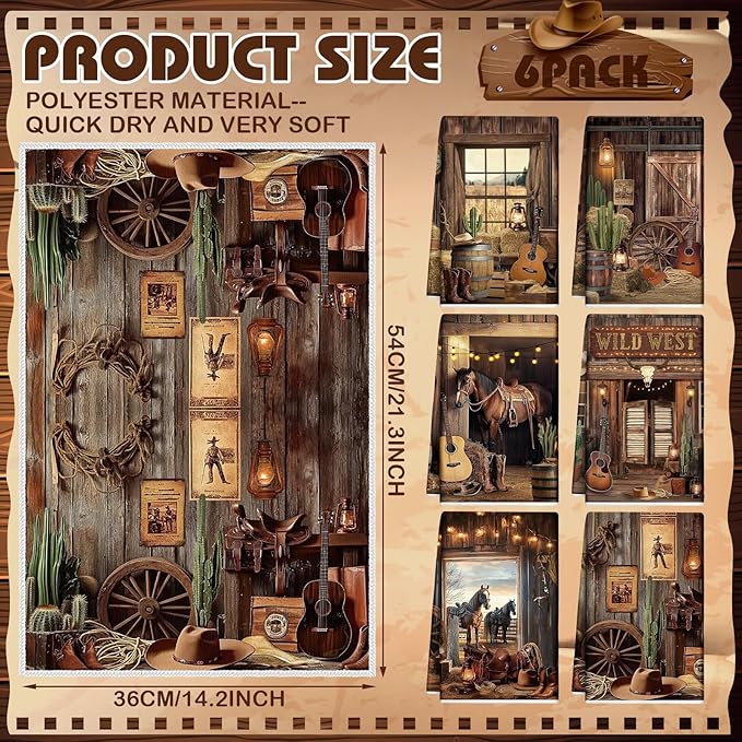 Breling 6 Pcs Western Cowboy Scene Kitchen Towel Wooden House Barn Vintage - Image 2
