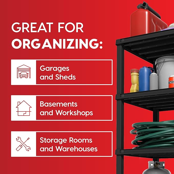 IRIS USA 5-Shelf Extra Heavy Duty Deep Plastic Storage Shelves, 1000lb Capacity, 75" H x 36" W x 24" D, Large Modular Shelving Unit Storage Organizer for Garage, Home, Warehouse & Gym, Rack - Black - Image 5