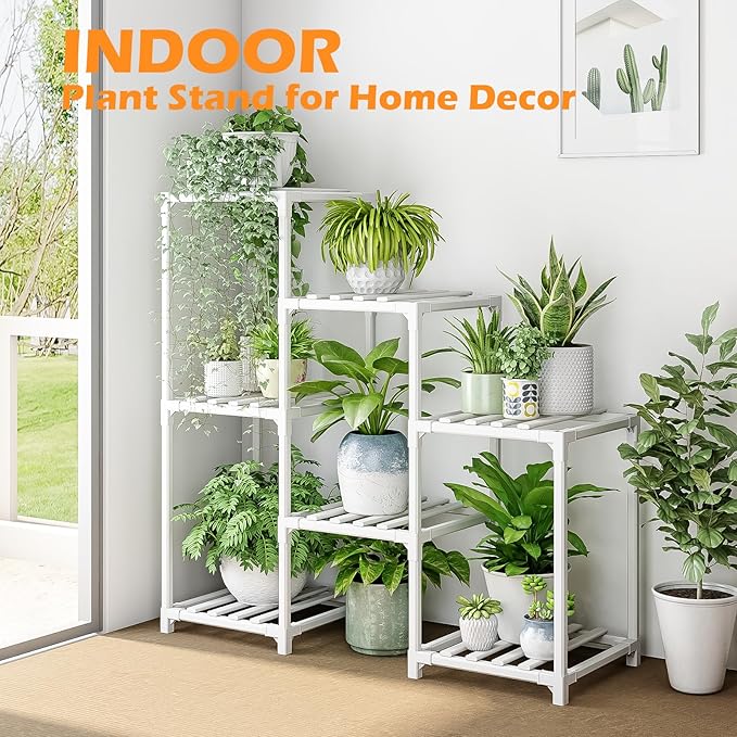 Bamworld Indoor Plant Stand Outdoor White Shelf Bamboo Plant Table for Multiple Plants 3 Tiers 7 Pots Ladder Holder Pot Window Garden Balcony Living Room - Image 3