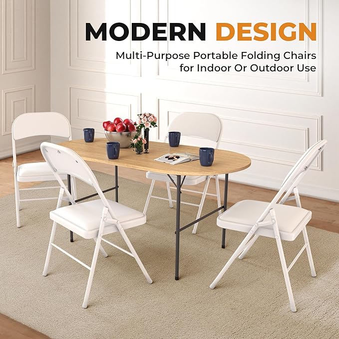 8 Pack Leather Chair | Foldable & Stackable | 350 lbs Capacity Steel Frame Seats for Indoor or Outdoor | Commercial Use Events Wedding Party Events Bulk Picnic Kitchen Dining - White - Image 2