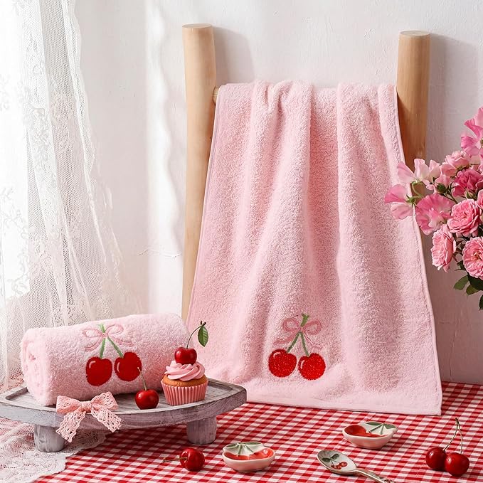 2 Pcs Cherry Hand Towels Light Pink Bathroom Decor 14x29 Inch Embroidered 100% - Image 4